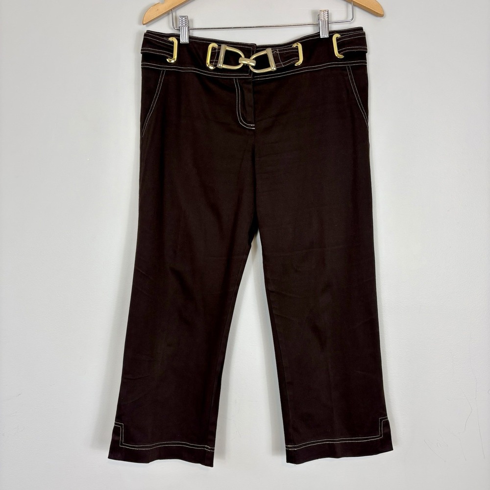 Vtg CACHE Capri Pants Sz 10 Chocolate Brown Large Gold Buckle Cropped Y2K